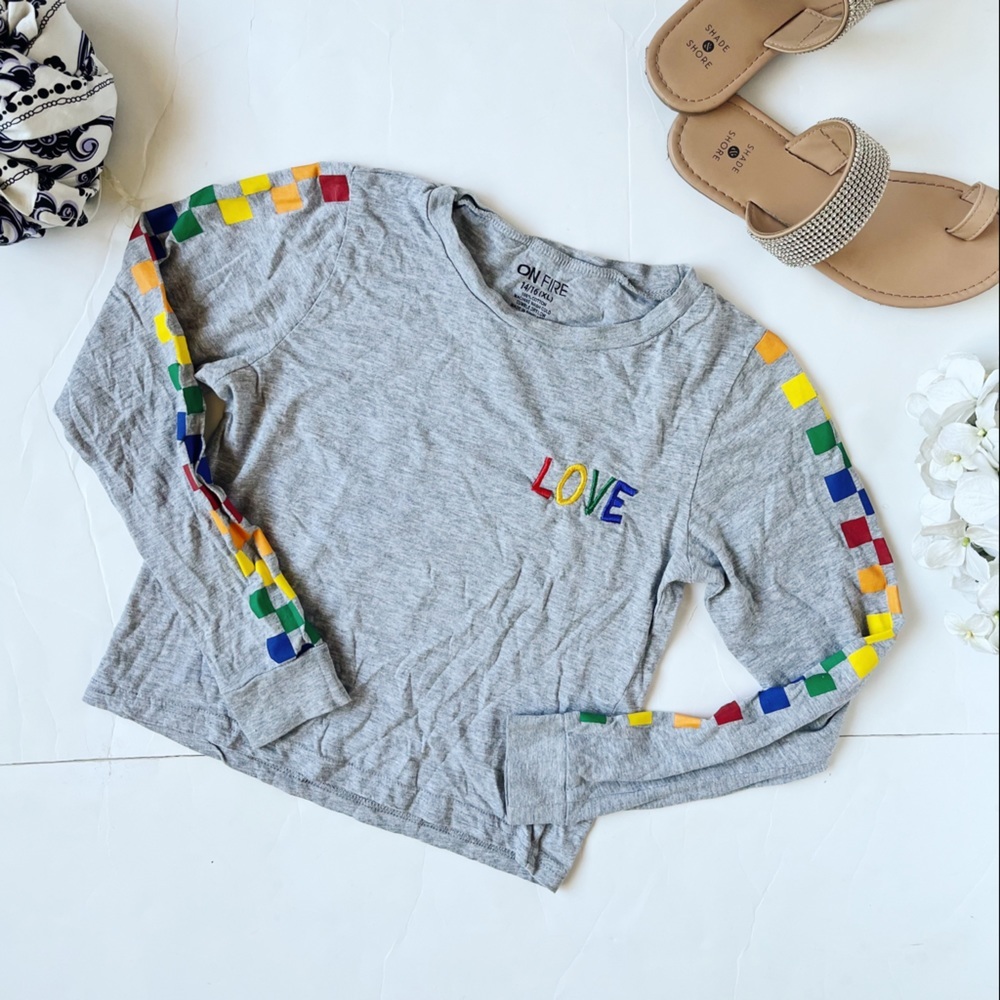 On Fire Gray Long Sleeve Tee with Rainbow LOVE Embroidery